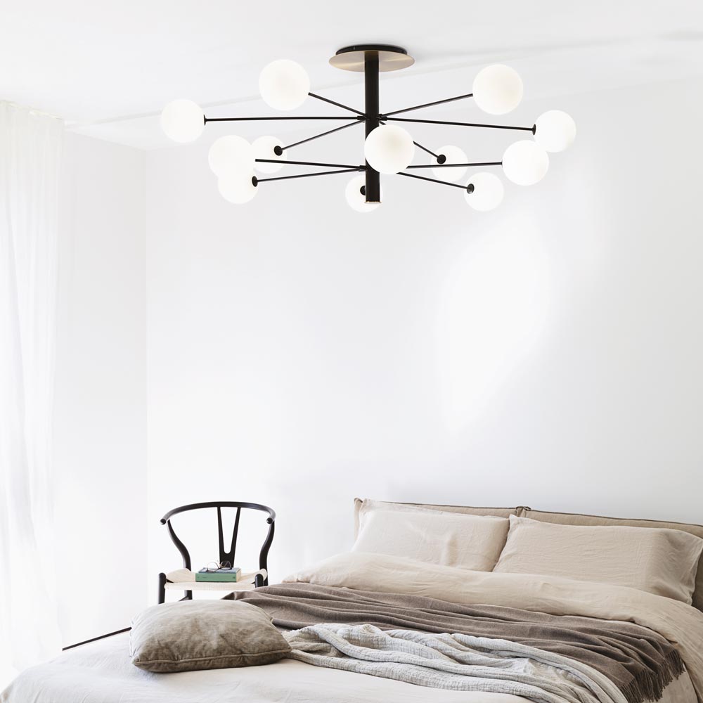 Ideal Lux Cosmopolitan Extra Large 12 Light Semi-Flush Ceiling Fitting Matt Black Frame White Shades 273709