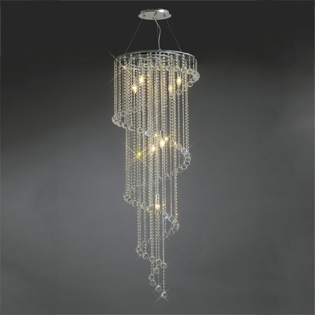 Diyas Atla 9 Light Spiral Pendant Light in Polished Chrome with Crystal