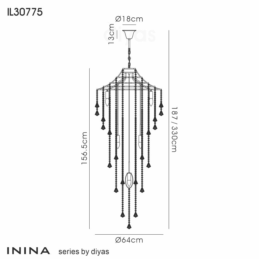 Diyas Inina 9 Light Tall Pendant Light in Polished Chrome with Crystal