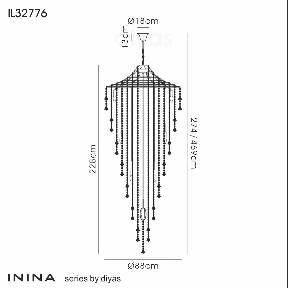 Diyas Inina 15 Light Tall Pendant Light in French Gold with Crystal