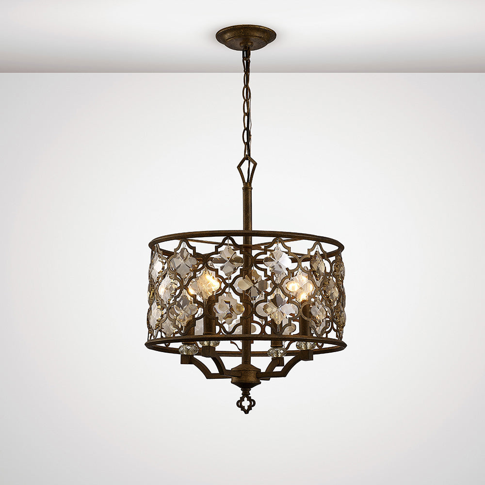Diyas Indie 4 Light Round Pendant Light in Mocha Teak Plated with Crystal
