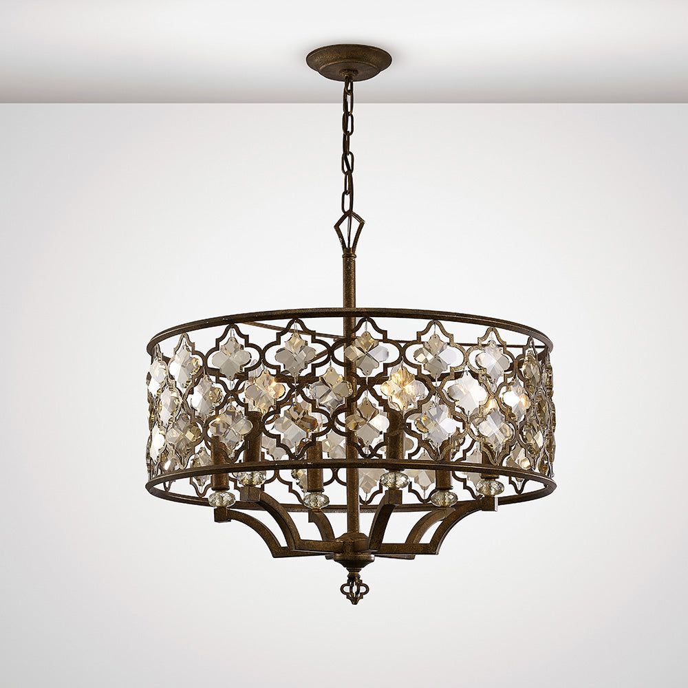 Diyas Indie 6 Light Round Pendant Light in Mocha Teak Plated with Crystal