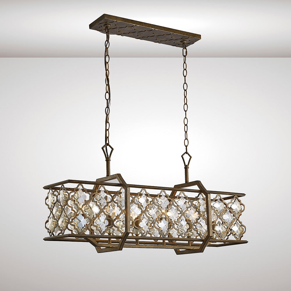 Diyas Indie 6 Light Rectangular Pendant Light in Mocha Teak Plated with Crystal