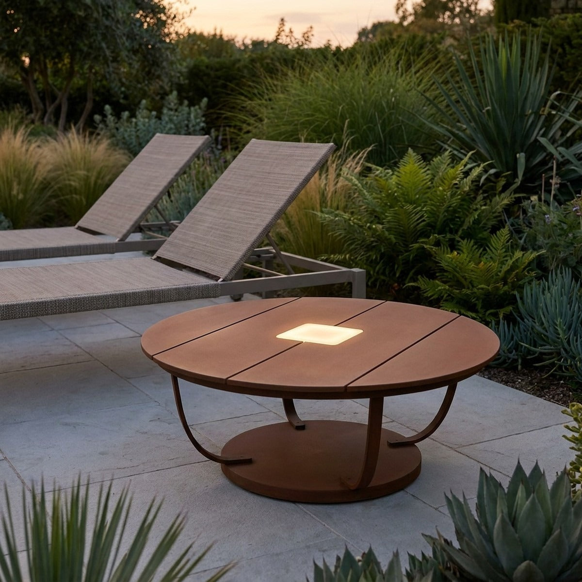 Jet Stream 500lm Solar Low Table 90 cm - Corten Aluminium with Wide-Slat Duratek Teak Top