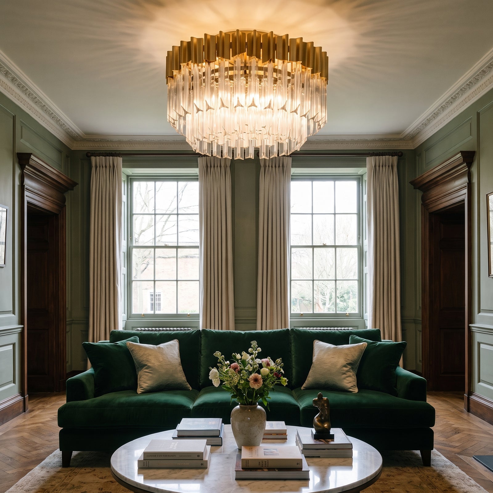 A gold and crystal semi-flush ceiling light, lit, above a green velvet sofa in a panelled period living room with tall sash windows