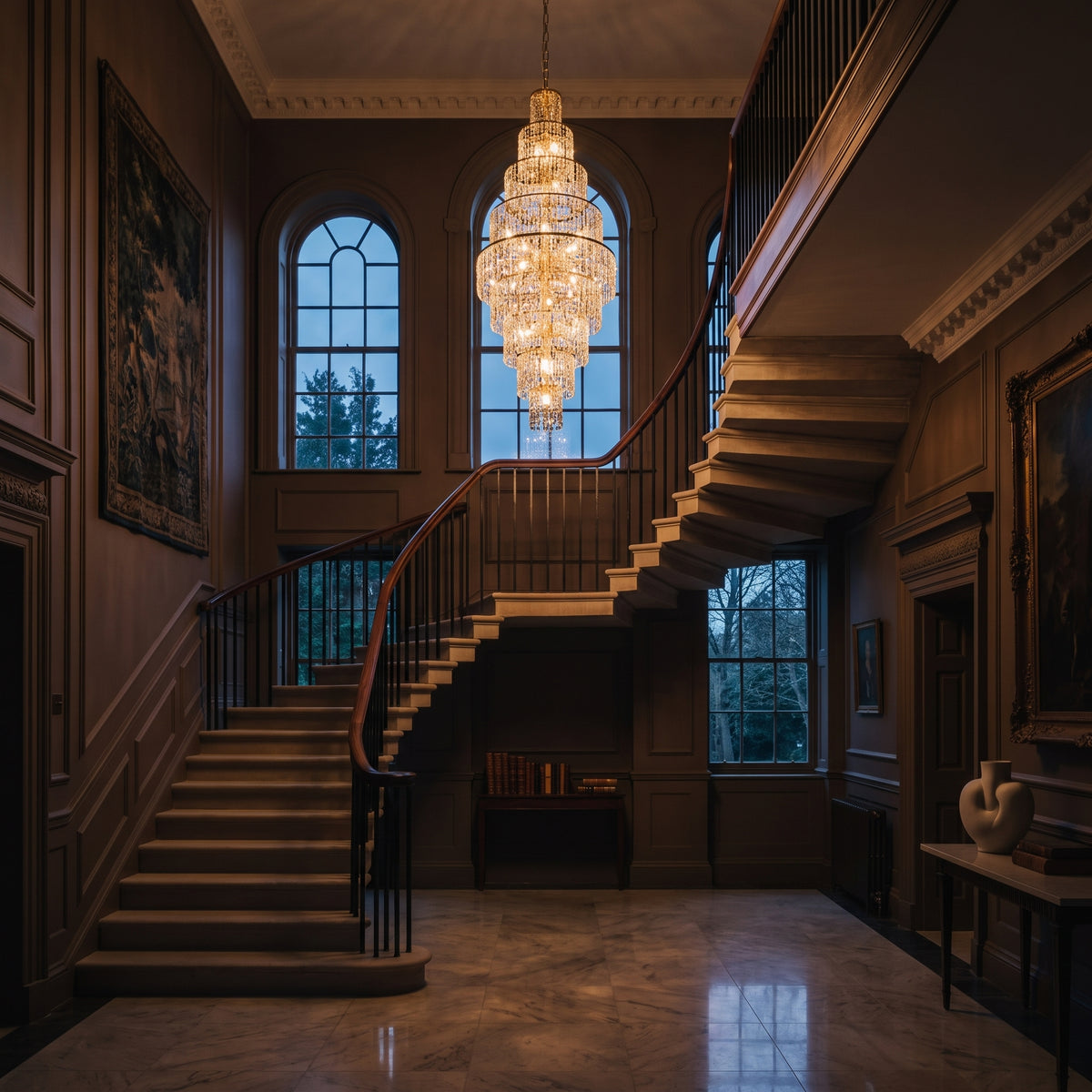 Impex New York 24 Light Crystal Chandelier in Gold, lit, in a styled room. Editorial image for the Brass and Gold Chandeliers collection.