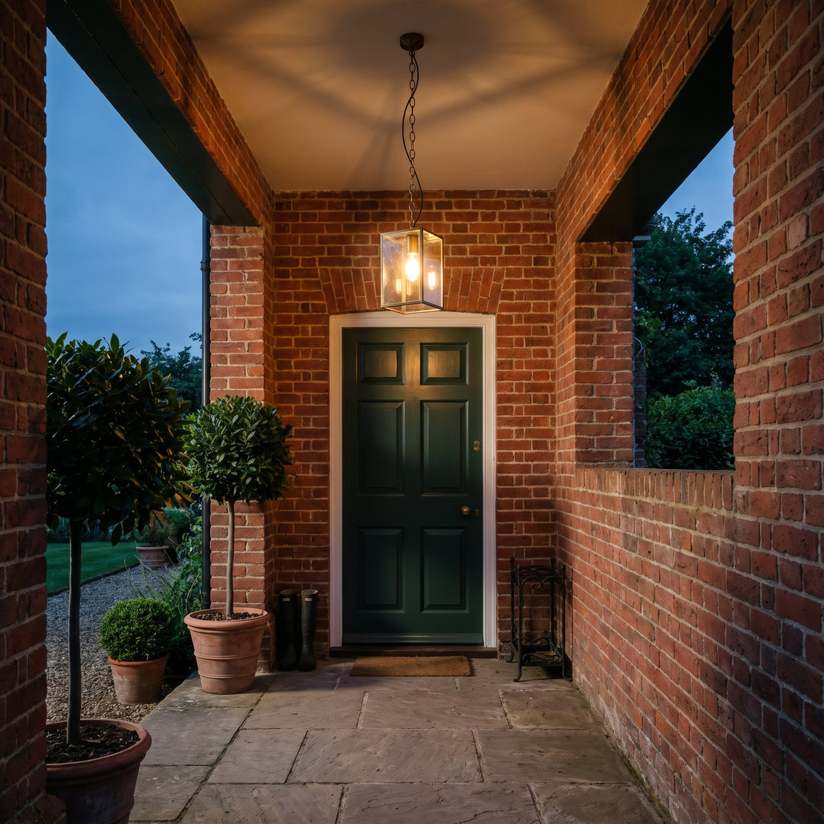 Astro Homefield 240 Outdoor Pendant Light in Natural Brass, lit, in a styled room. Editorial image for the Brass and Gold Outdoor Lighting collection.