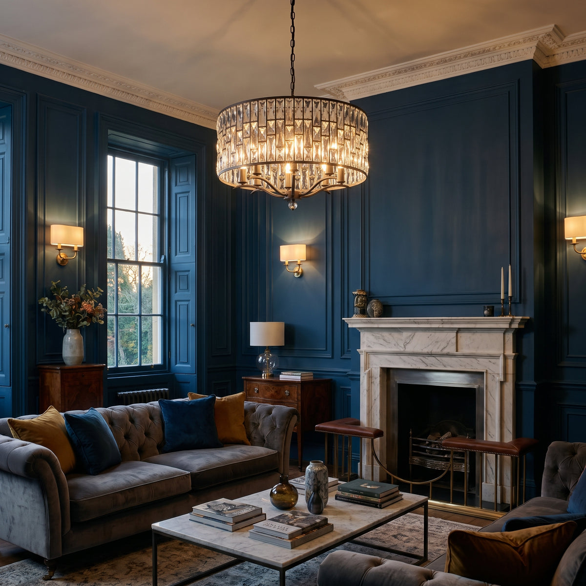 Endon Belle 8 Light Pendant Light in Dark Bronze with Clear Crystal, lit, in a styled room. Editorial image for the Bronze Ceiling Lights collection.