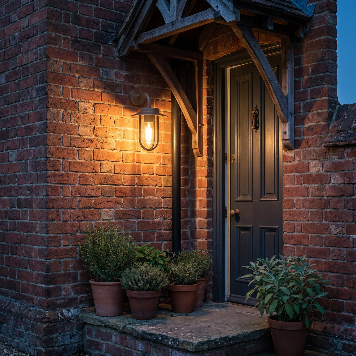 Astro Montparnasse Outdoor Wall Light in Bronze, lit, in a styled room. Editorial image for the Bronze Outdoor Wall Lights collection.