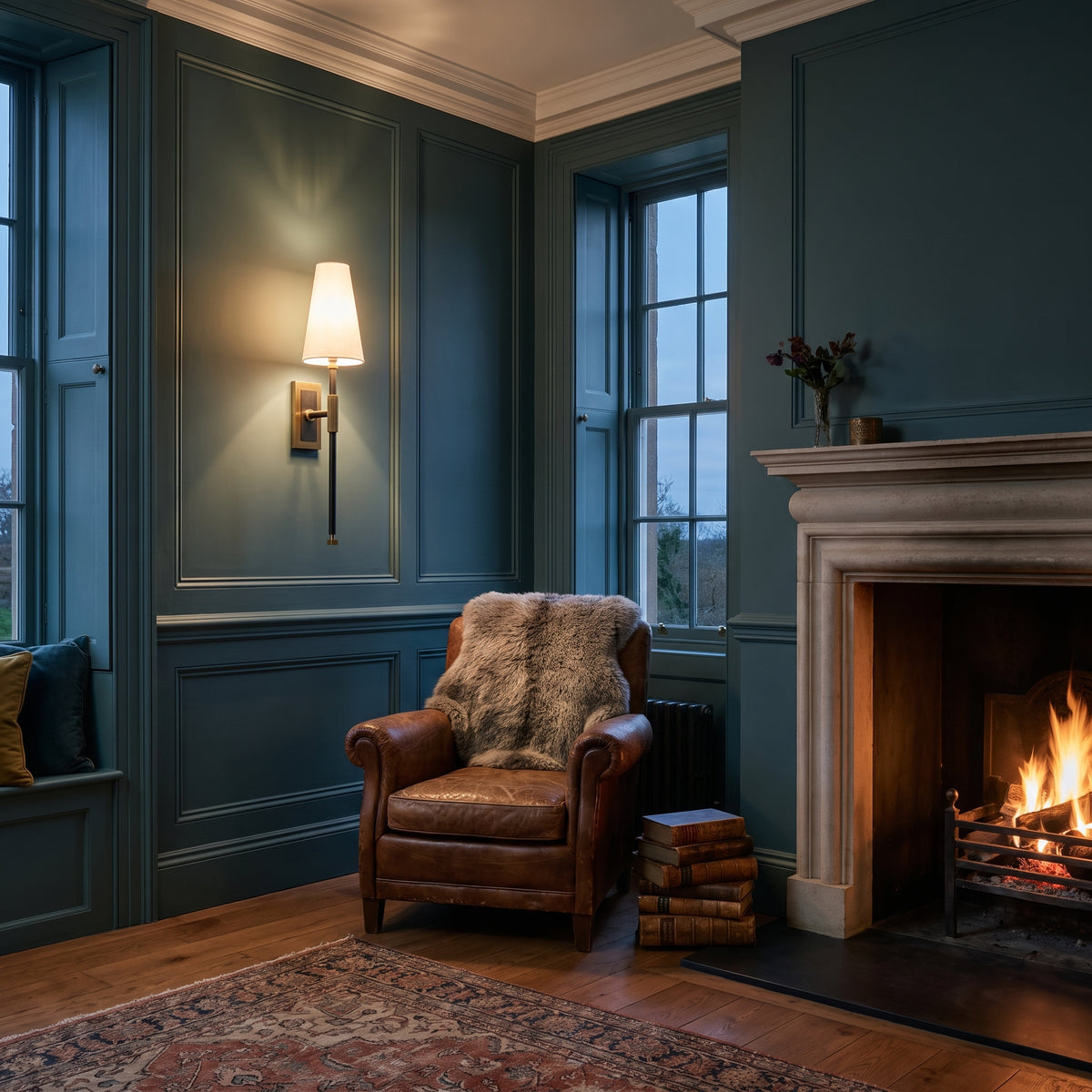 Hudson Valley Bowery Wall Light in Aged Old Bronze with Off-White Shade, lit, in a styled room. Editorial image for the Bronze Wall Lights collection.
