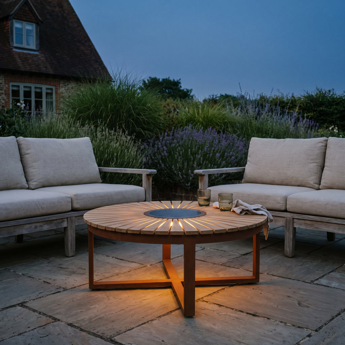 Jet Stream 500lm Solar Low Table 90 cm - Corten Aluminium with Wide-Slat Duratek Teak Top, lit, in a styled room. Editorial image for the Solar Illuminated Tables collection.