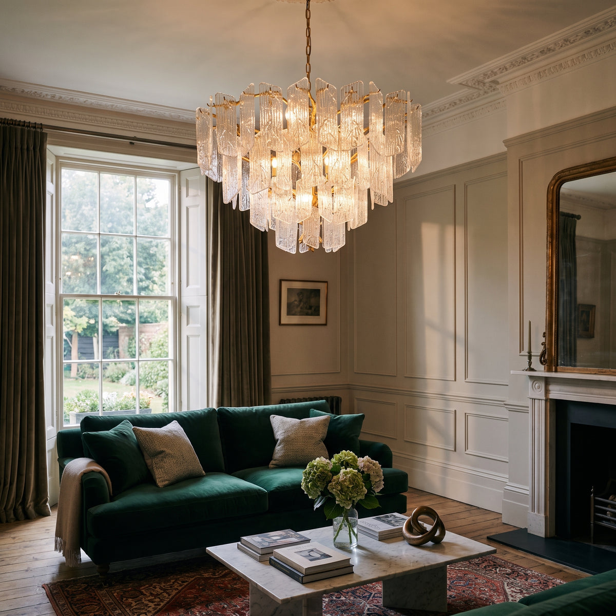 Corbett Piemonte 12 light chandelier in gold leaf with handmade glass, in a daylit living room. KES homepage editorial band.