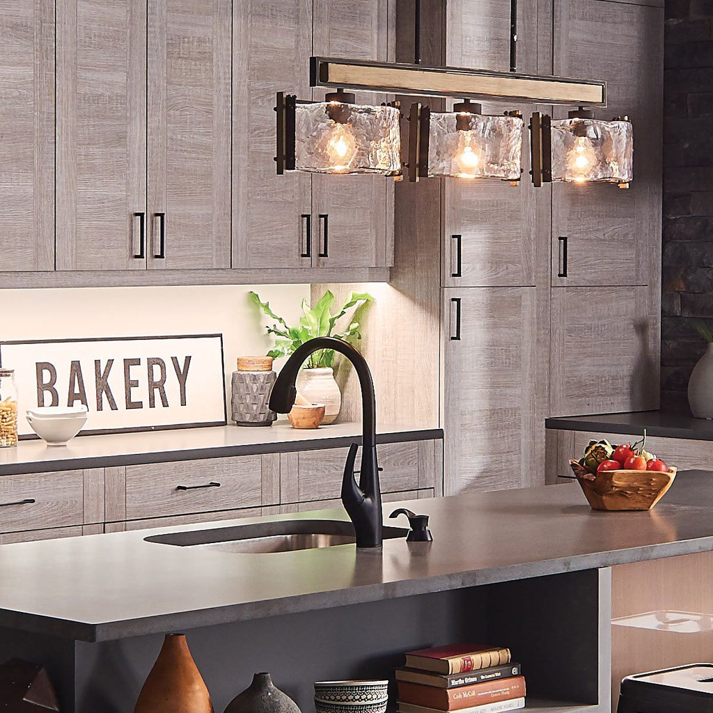Kichler Aberdeen 3 Light Island Chandelier in Distressed Grey Wood Effect & Old Bronze