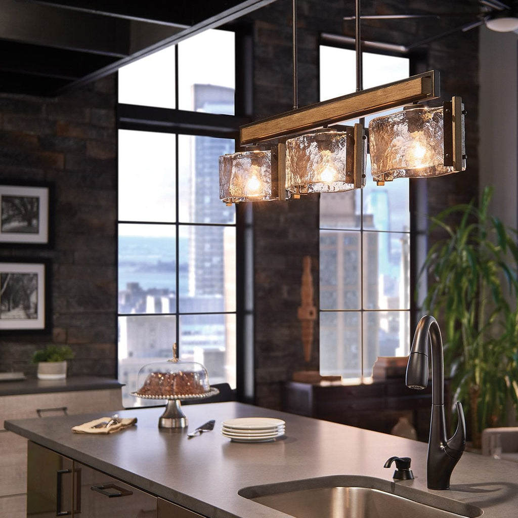 Kichler Aberdeen 3 Light Island Chandelier in Distressed Grey Wood Effect & Old Bronze