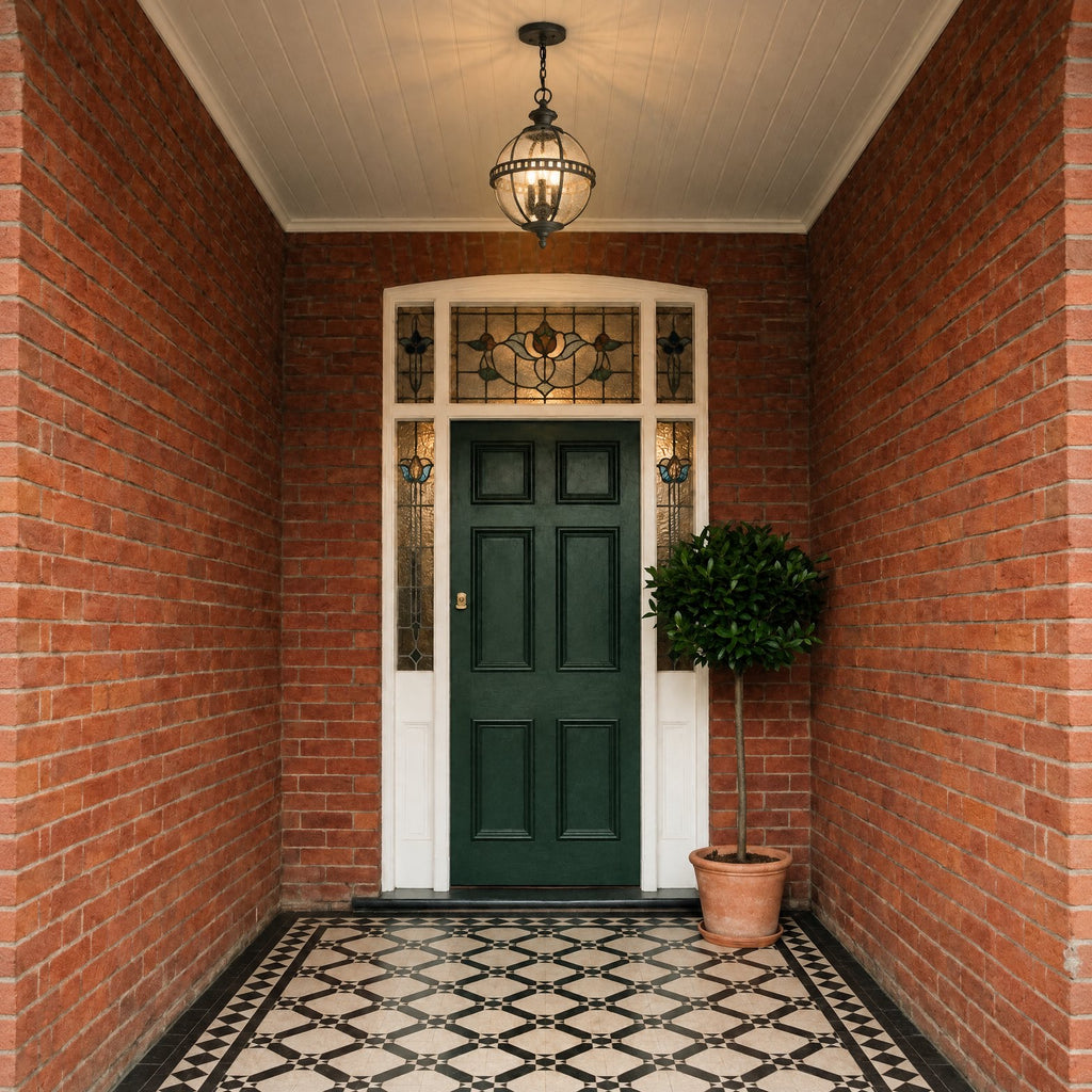 Kichler Halleron 3 Light Outdoor Pendant Lantern in Londonderry lit in an Edwardian front porch above a green panelled front door