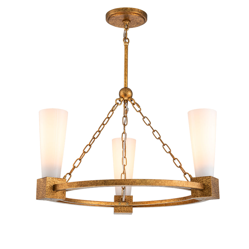 Elstead Kristy 3 Light Chandelier Distressed Gold with Opal Glass Shade