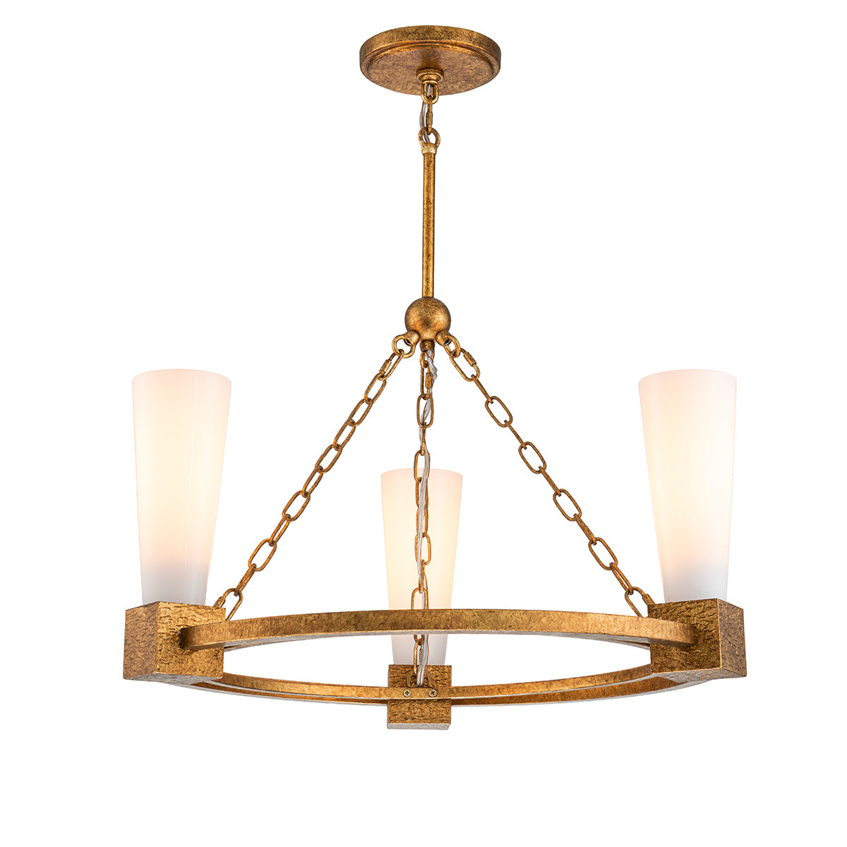 Elstead Kristy 3 Light Chandelier Distressed Gold with Opal Glass Shade