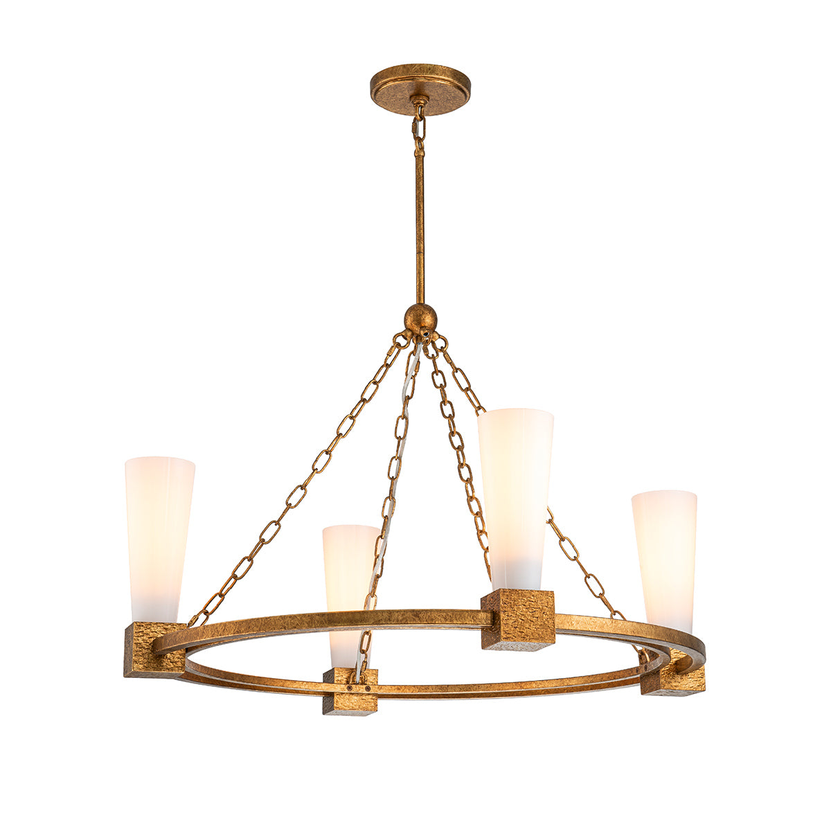 Elstead Kristy 4 Light Chandelier Distressed Gold with Opal Glass Shade