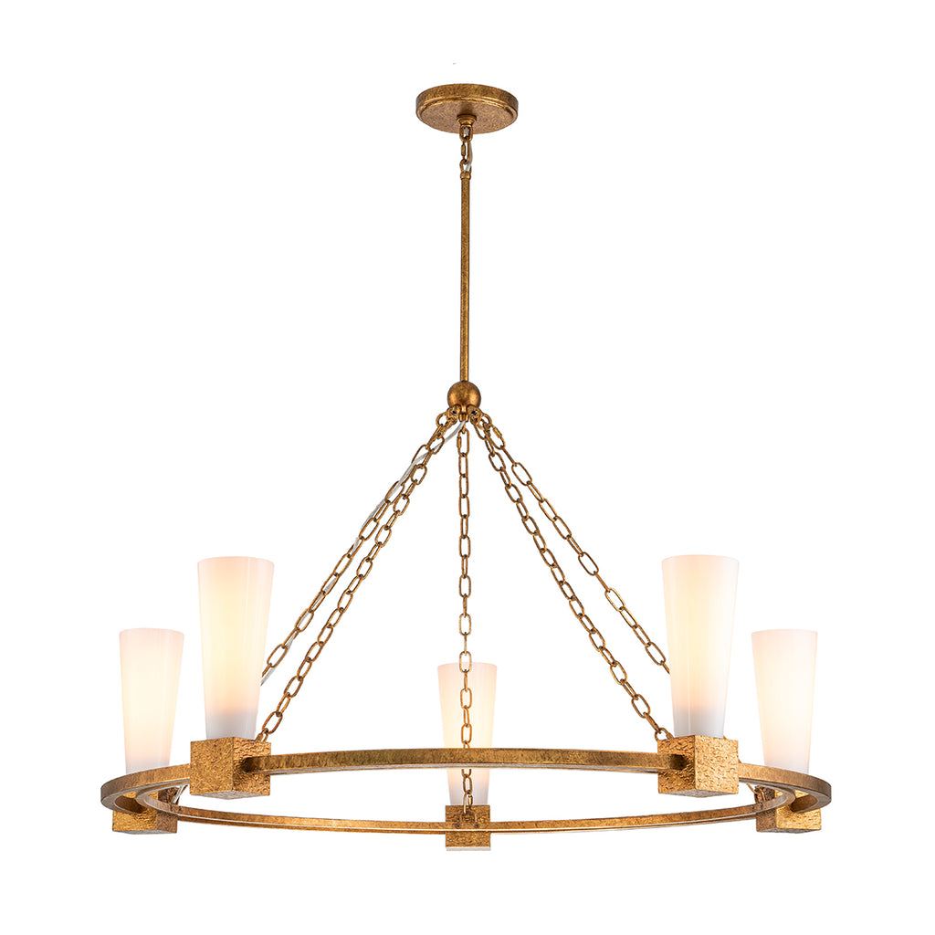 Elstead Kristy 5 Light Chandelier Distressed Gold with Opal Glass Shade