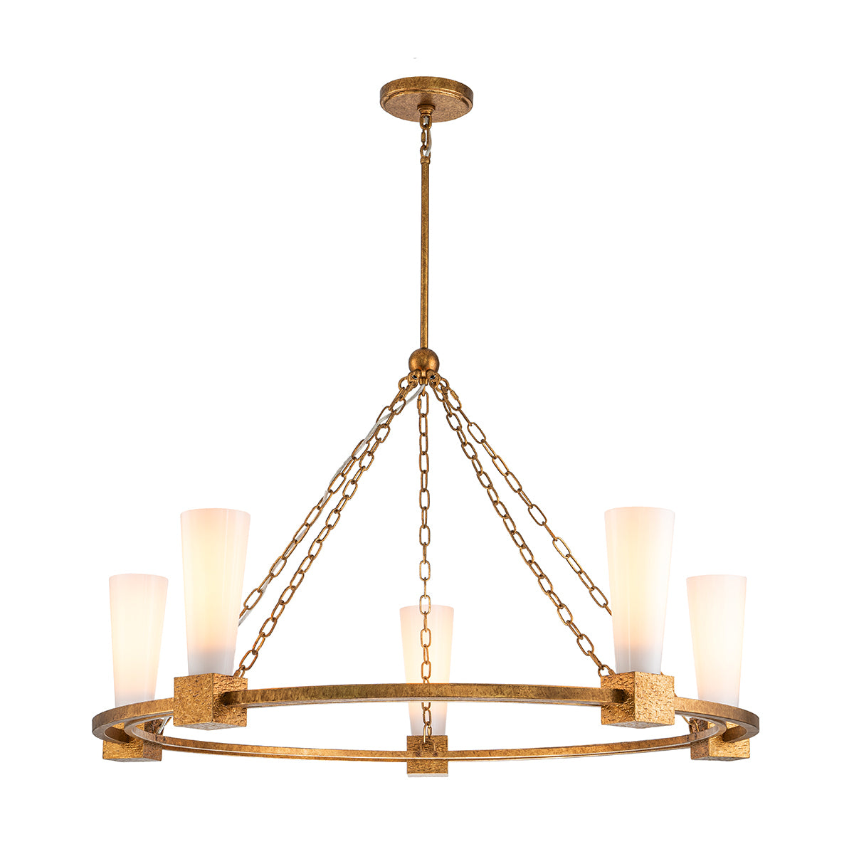 Elstead Kristy 5 Light Chandelier Distressed Gold with Opal Glass Shade