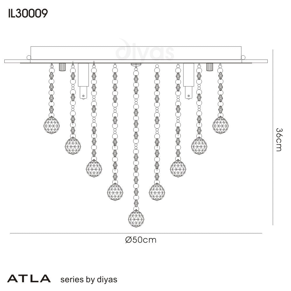 Diyas Atla 6 Light Ceiling Light in Polished Chrome with Acrylic Trim and Black Crystal