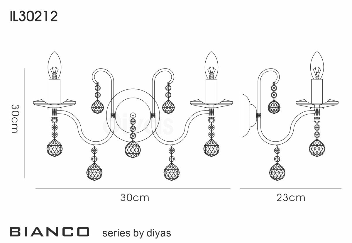 Diyas Bianco 2 Light Switched Wall Light in French Gold with Crystal