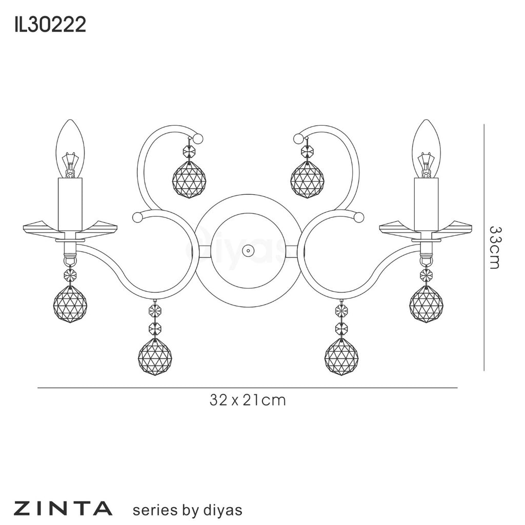 Diyas Zinta 2 Light Switched Wall Light in French Gold with Crystal
