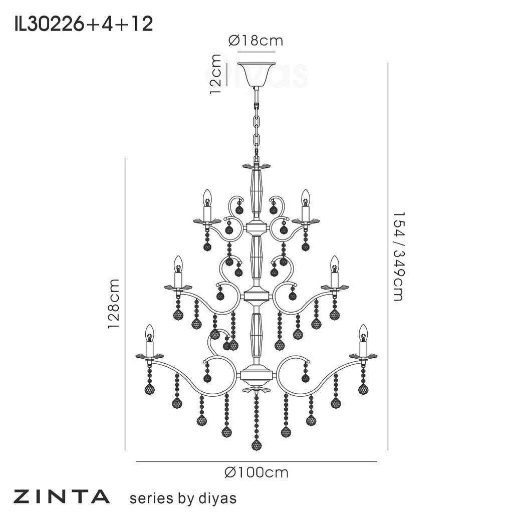 Diyas Zinta 22 Light 3 Tier Pendant Light in French Gold with Crystal