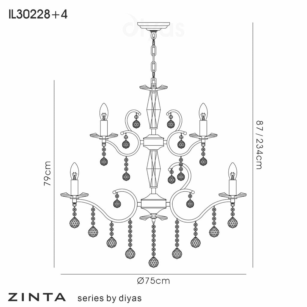 Diyas Zinta 12 Light 2 Tier Pendant Light in French Gold with Crystal