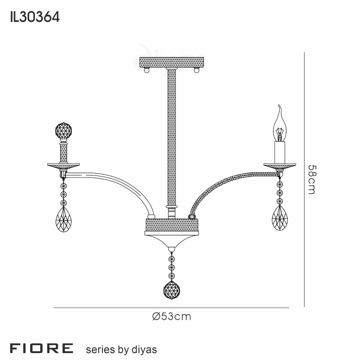 Diyas Fiore 4 Light Semi Flush Ceiling Light in Black Chrome with Crystal