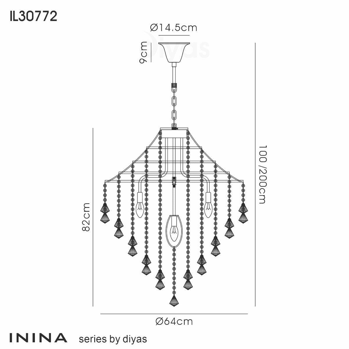Diyas Inina 7 Light Pendant Light in Polished Chrome with Crystal