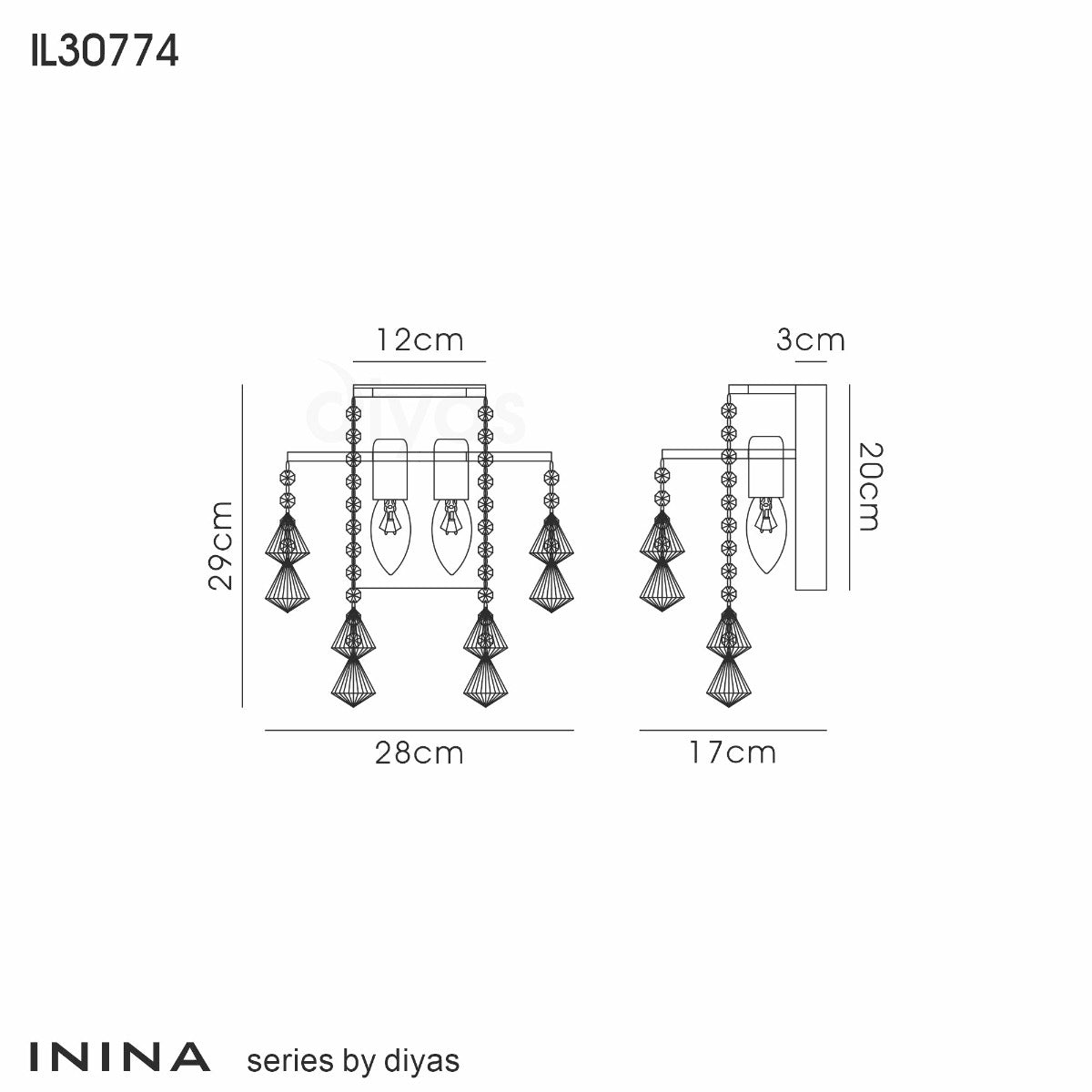 Diyas Inina 2 Light Switched Wall Light in Polished Chrome with Crystal