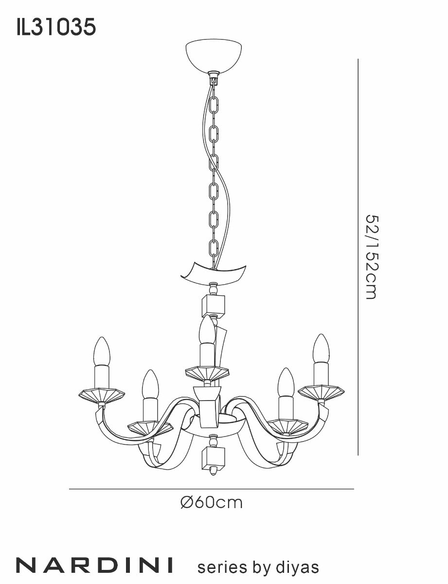 Diyas Nardini 5 Light Pendant Light in Polished Chrome with Black Faux Leather and Crystal