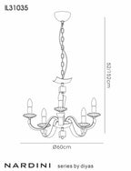 Diyas Nardini 5 Light Pendant Light in Polished Chrome with Black Faux Leather and Crystal