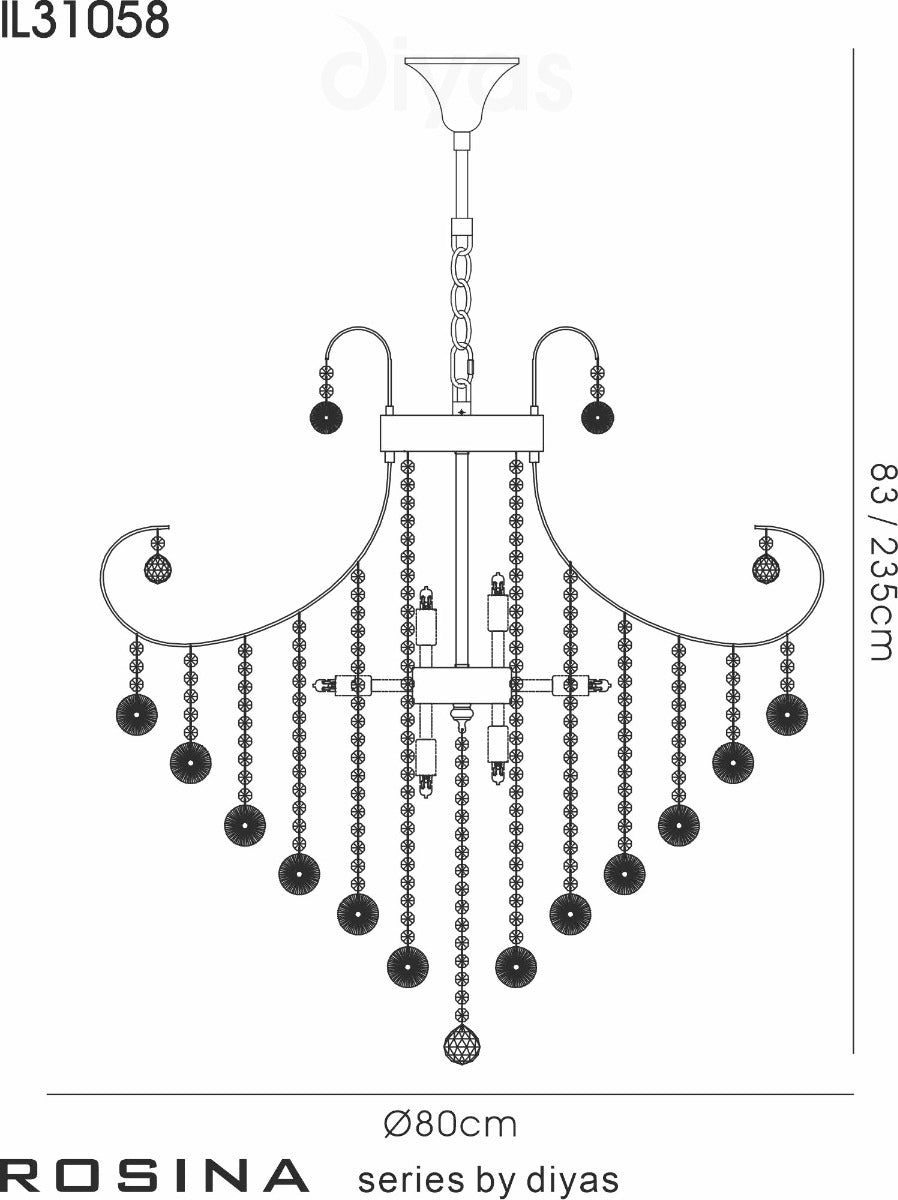 Diyas Rosina 8 Light Pendant Light in Polished Chrome with Crystal