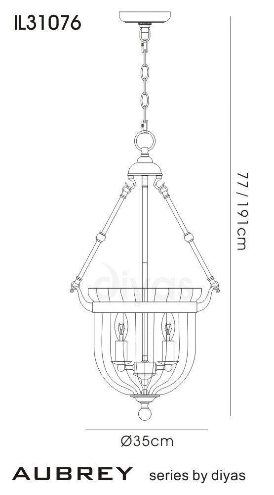 Diyas Aubrey 3 Light Pendant Light in Antique Brass with Glass