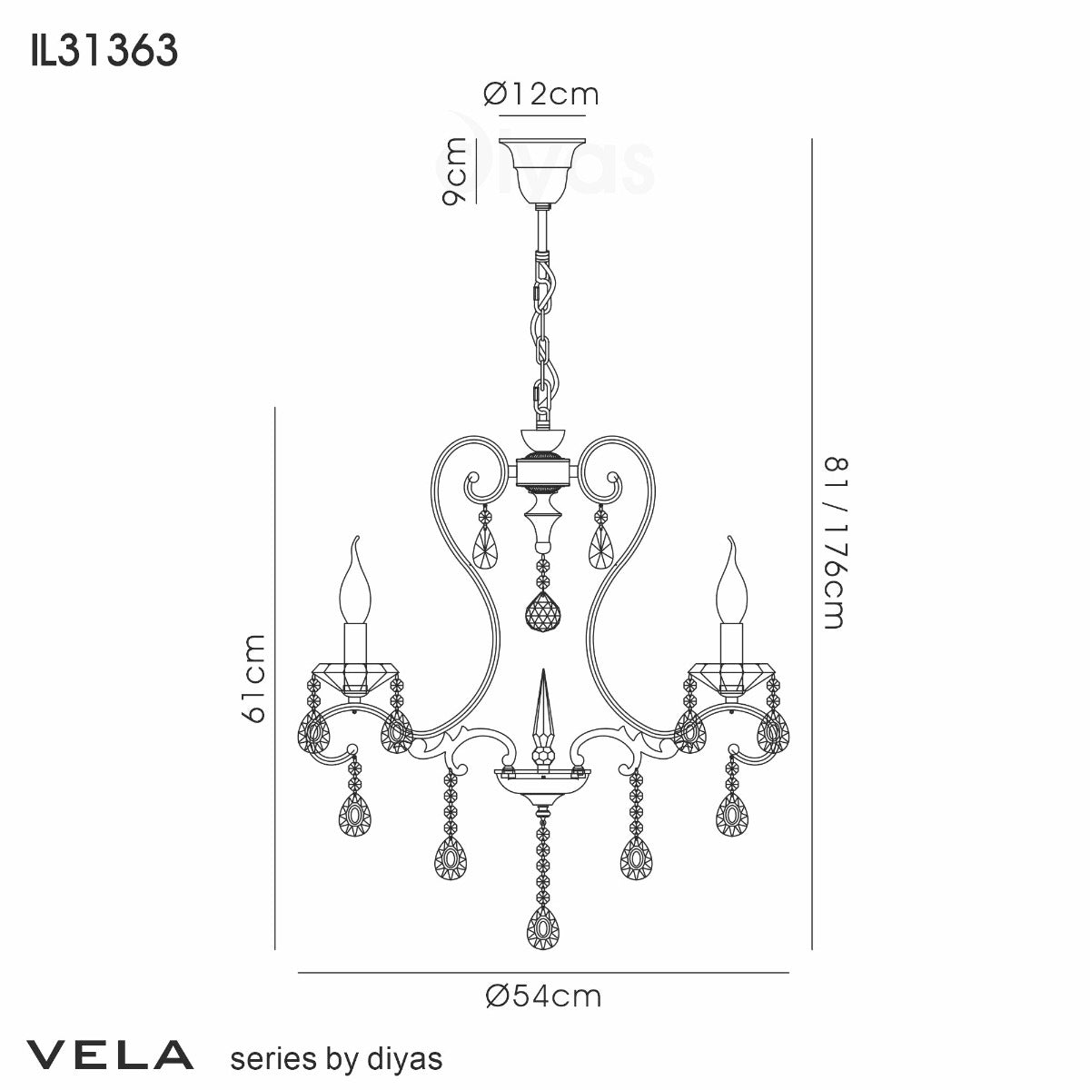 Diyas Vela 3 Light Pendant Light in Polished Chrome with Crystal