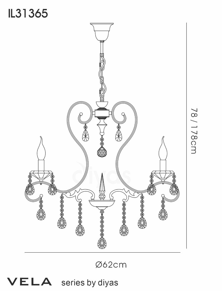 Diyas Vela 5 Light Pendant Light in Polished Chrome with Crystal