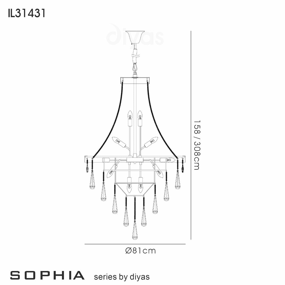 Diyas Sophia 17 Light Pendant Light in Polished Chrome with Crystal