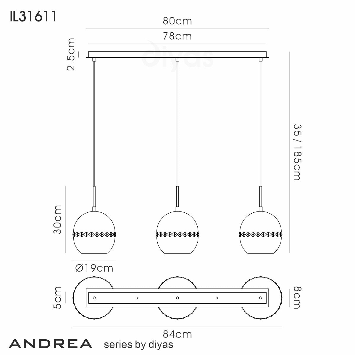 Diyas Andrea 3 Light Linear Pendant Light in Satin Copper with Crystal