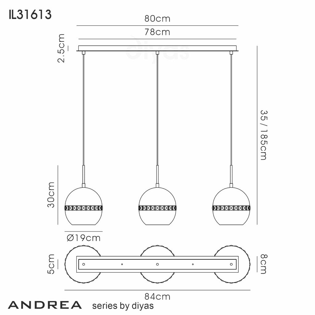 Diyas Andrea 3 Light Linear Pendant Light in Satin Nickel with Crystal