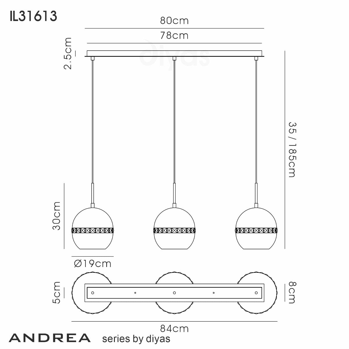 Diyas Andrea 3 Light Linear Pendant Light in Satin Nickel with Crystal