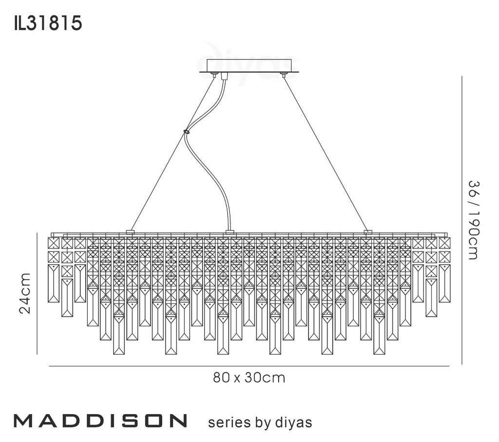 Diyas Maddison 6 Light Rectangular Bar Pendant Light in French Gold with Crystal