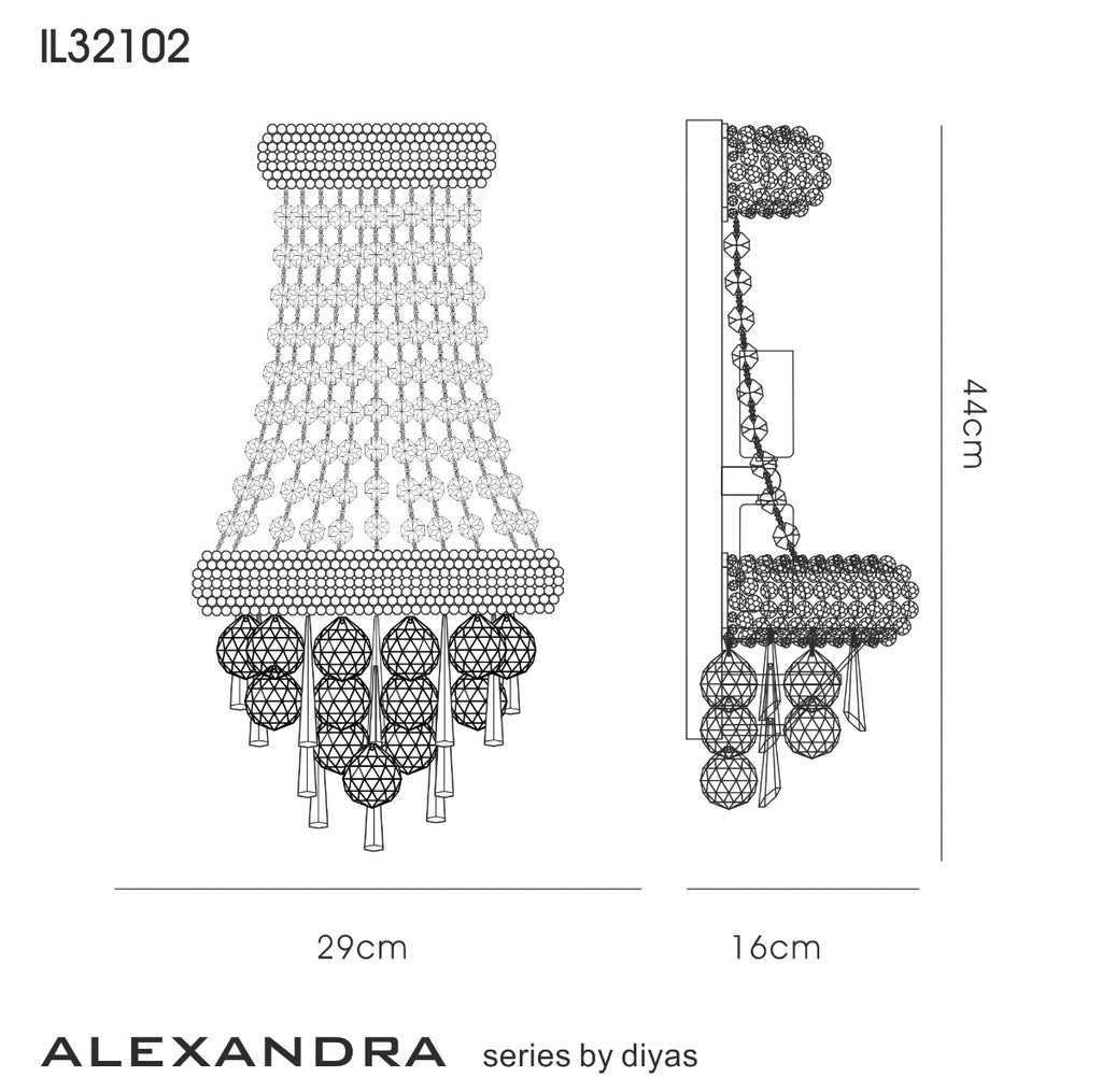 Diyas Alexandra Large 3 Light Wall Light in Gold with Crystal