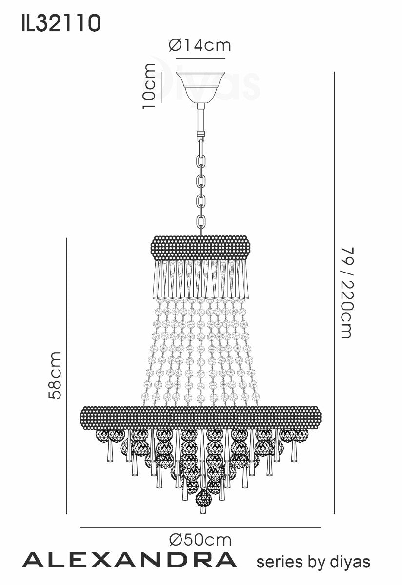 Diyas Alexandra 9 Light Pendant Light in Gold with Crystal