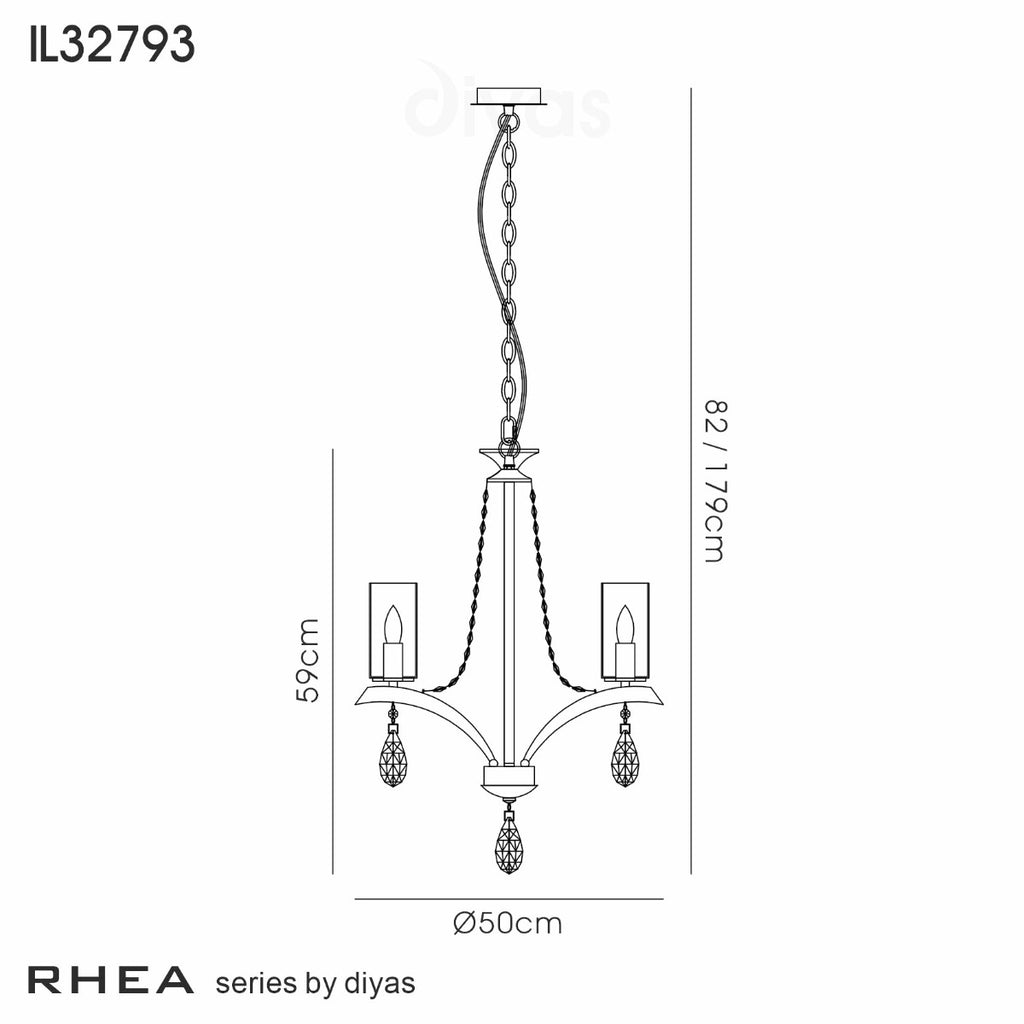 Diyas Rhea 3 Light Pendant Light in Polished Chrome with Crystal