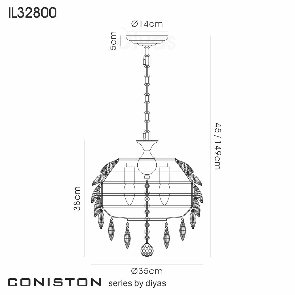 Diyas Coniston 3 Light Small Pendant Light in Polished Chrome with Crystal