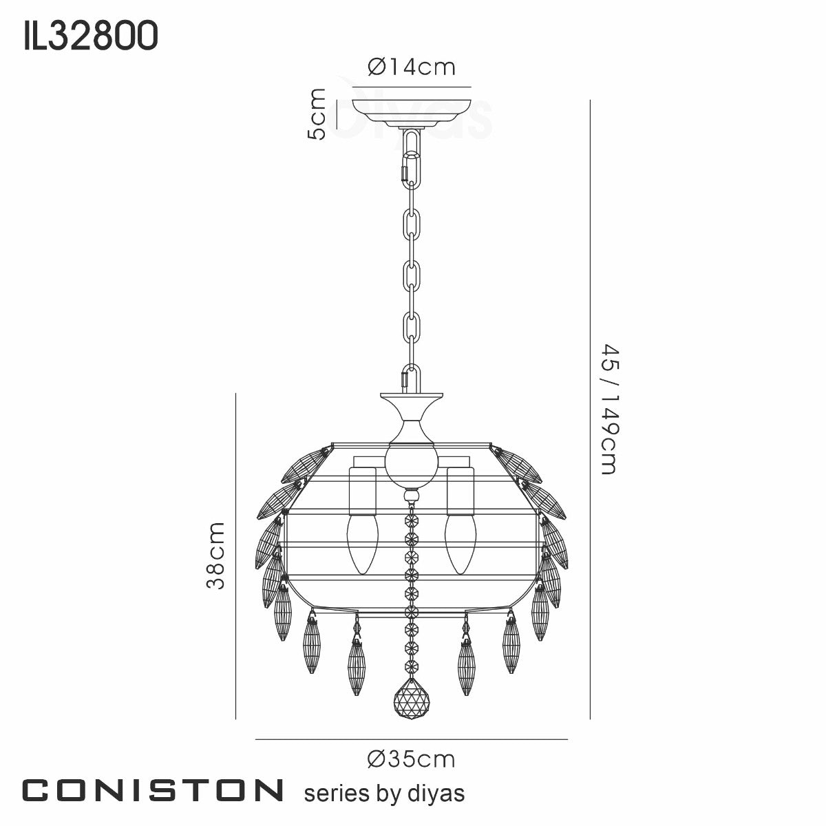 Diyas Coniston 3 Light Small Pendant Light in Polished Chrome with Crystal