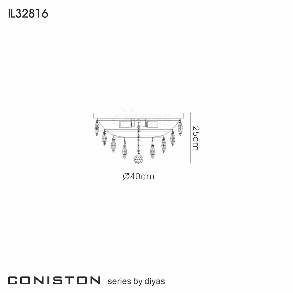 Diyas Coniston 3 Light Round Flush Ceiling Light in French Gold with Crystal