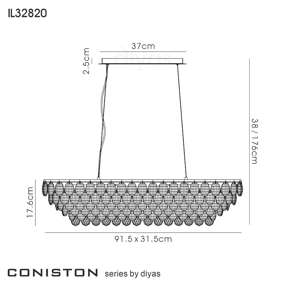 Diyas Coniston 8 Light Linear Bar Pendant Light in Polished Chrome with Crystal